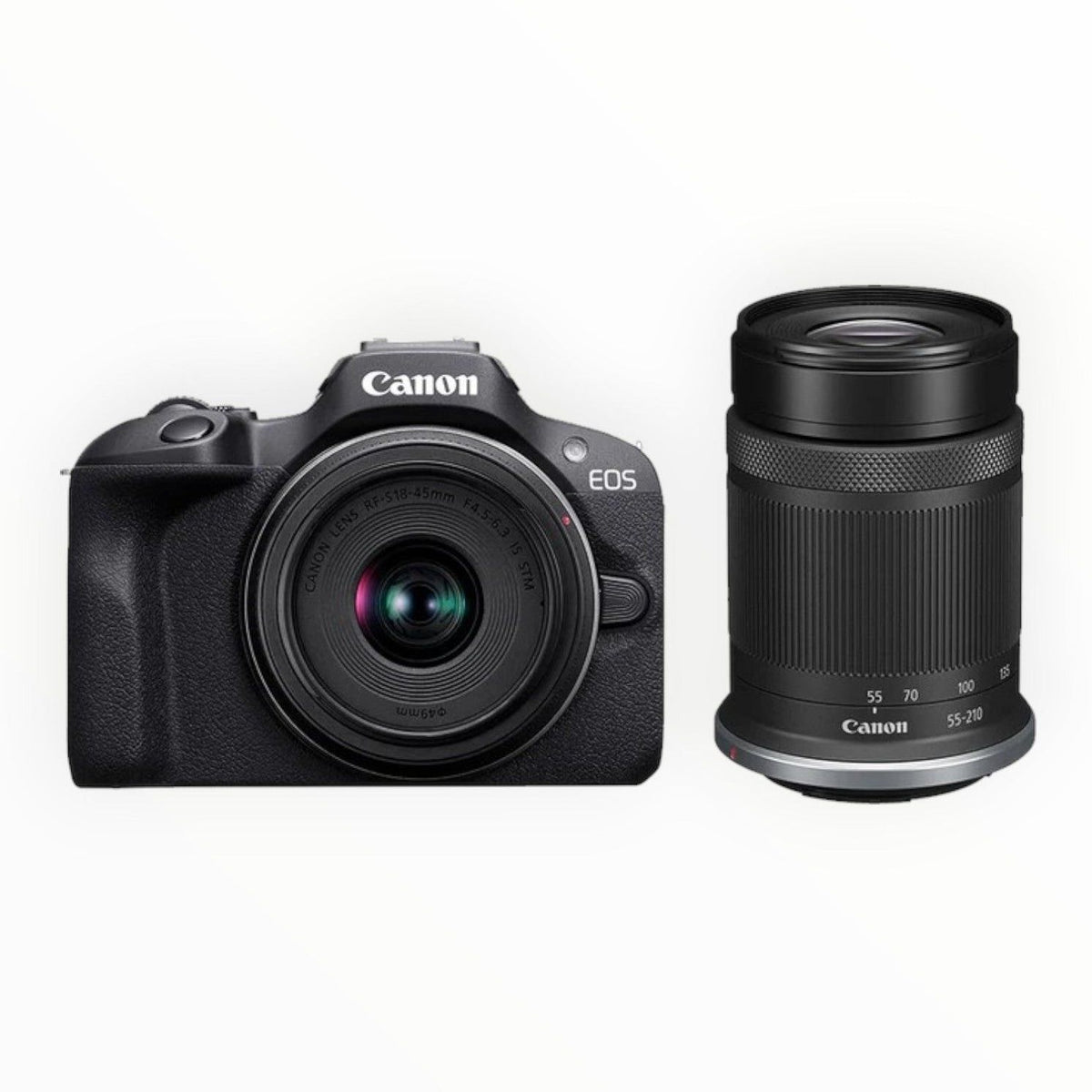 Canon EOS R100 Mirrorless Camera with 18-45mm and 55-210mm Lens Kit.