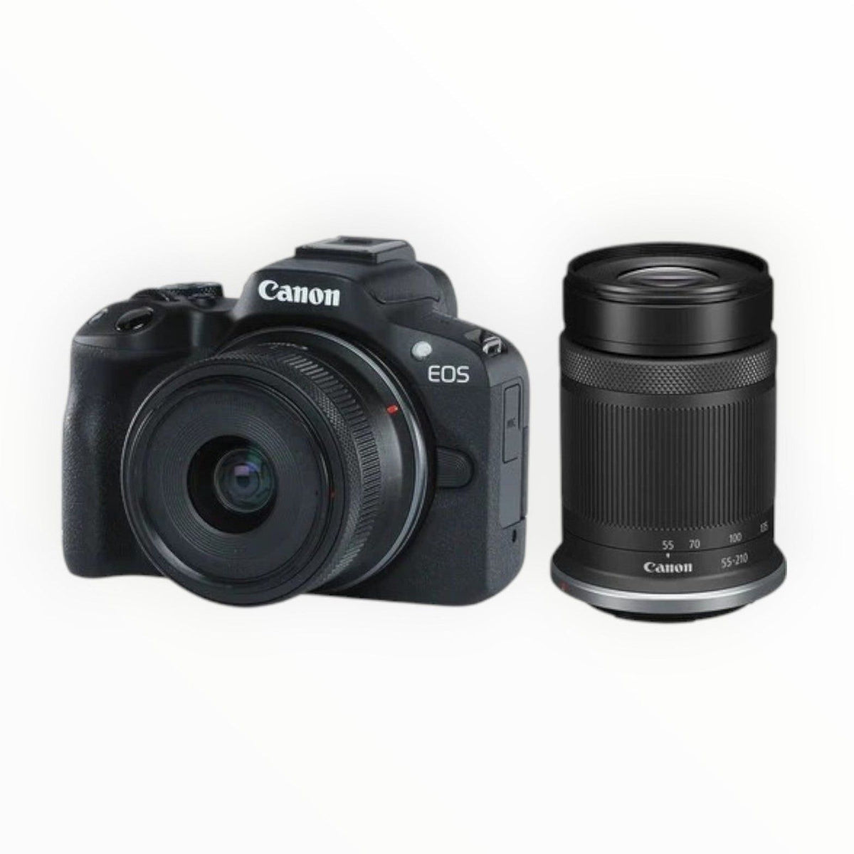 Canon EOS R50 Mirrorless Camera with 18-45mm and 55-210mm Lenses.