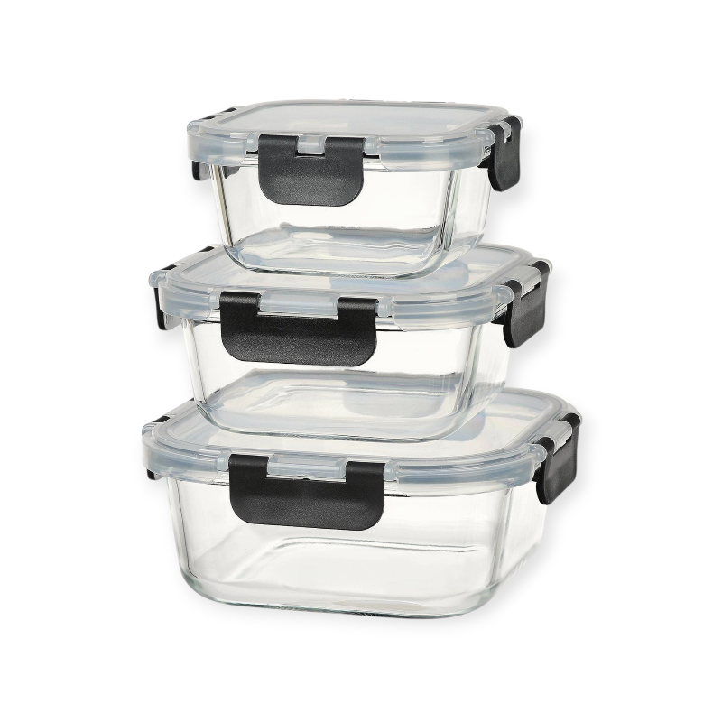 CH Square Glass Casserole With Black Clip 3 Piece CH1270