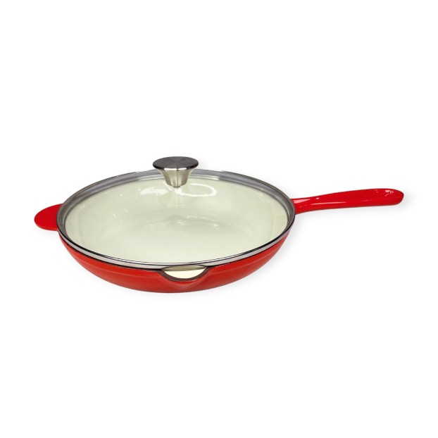 CH Cast Iron Frying Pan With Glass Lid 27cm Red CH1287.
