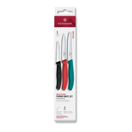 Victorinox Swiss Classic Paring Knife Set Kale Green/Red/Black Serrated/Plain, 3 Pieces Box V6.7116.34C1.