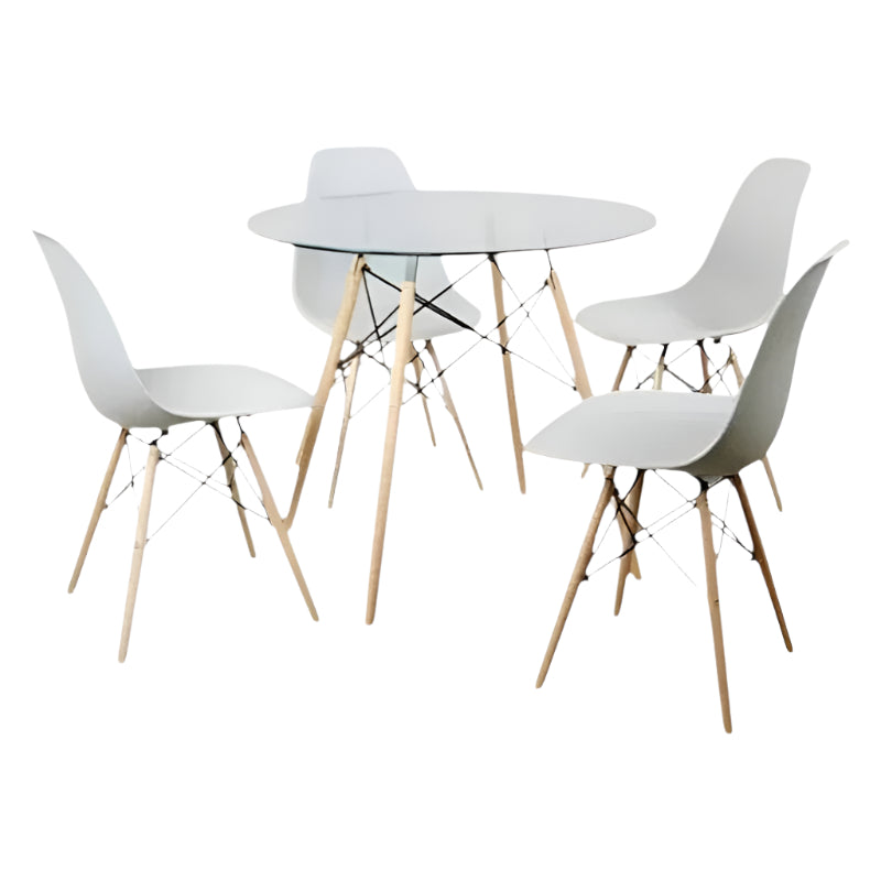 Round Clear Glass Table & White Chairs 5pc