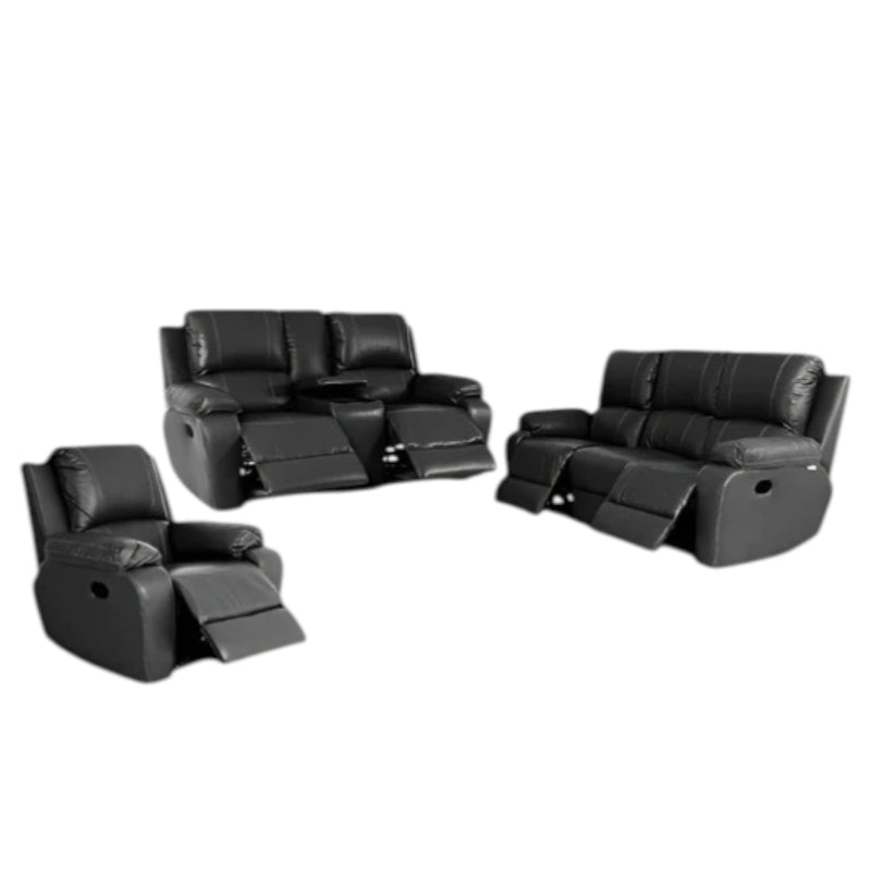 Calgan 3 Piece 5 Action + Console Full Black Leather Lounge Suite