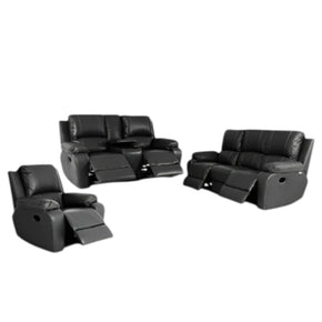 Calgan 3 Piece 5 Action + Console Full Black Leather Lounge Suite