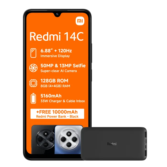 Xiaomi Smart Phones Xiaomi Redmi 14C 128GB Dual Sim - Midnight Black Inlcudes Power Bank