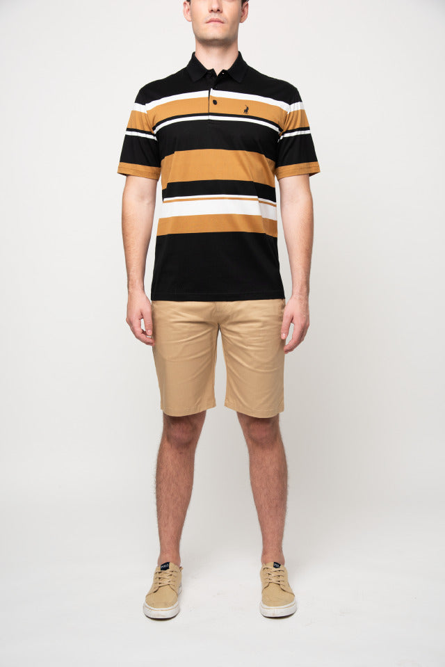 Polo Mens Stripe Double Mercerised Golfer Black