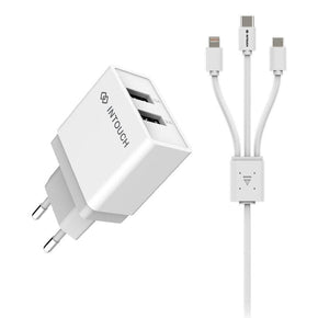 Intouch Mobile Phone Accessories Intouch Dual USB Port 2.4A Wall Charger plus 3-Prong USB to Micro USB, Lightning and Type C Cable (White) (7033298321497)