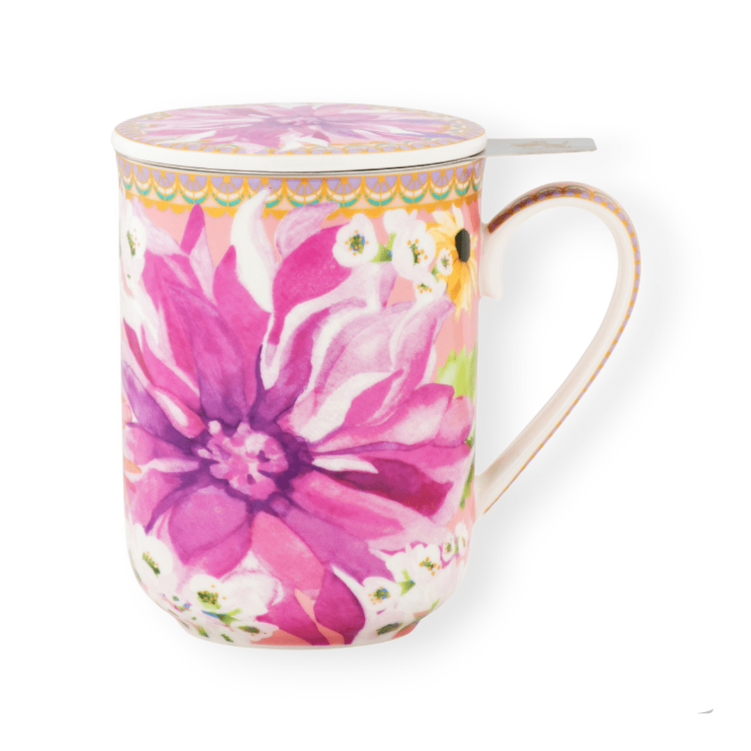 Maxwell & Williams MUGS Maxwell & Williams Dahlia Daze Lidded Mug With Infuser 340ML Pink HV0360 (2077471539289)