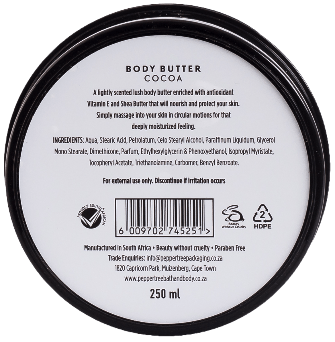 Pepper Tree SOAP DISH Body Essentials Cocoa Body Butter 250ml (7225308217433)