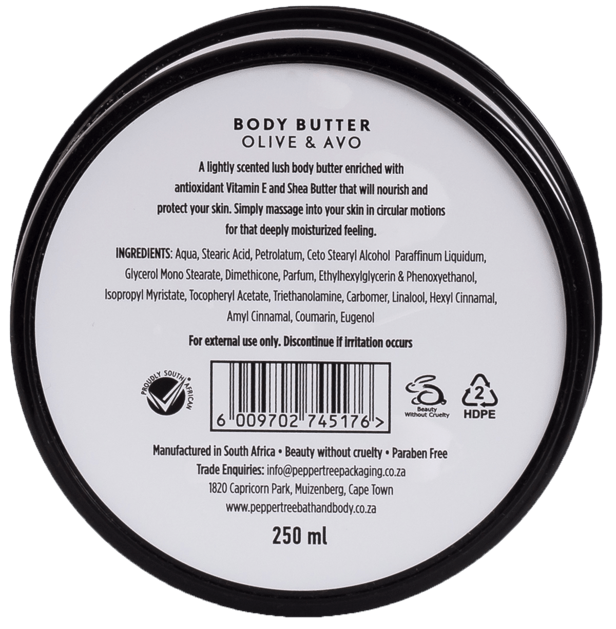 Pepper Tree SOAP DISH Body Essentials Olive & Avo Body Butter 250ml (7226526105689)