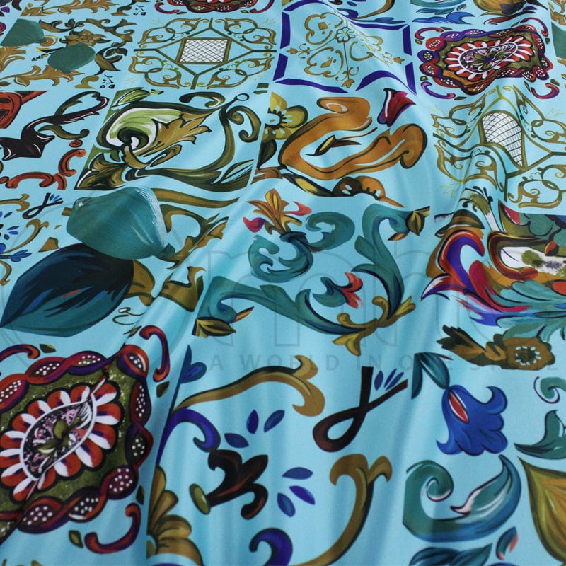 PRINTED SATIN Fabric Aqua Marine Printed Digital Duchess Satin 140cm (7157414559833)