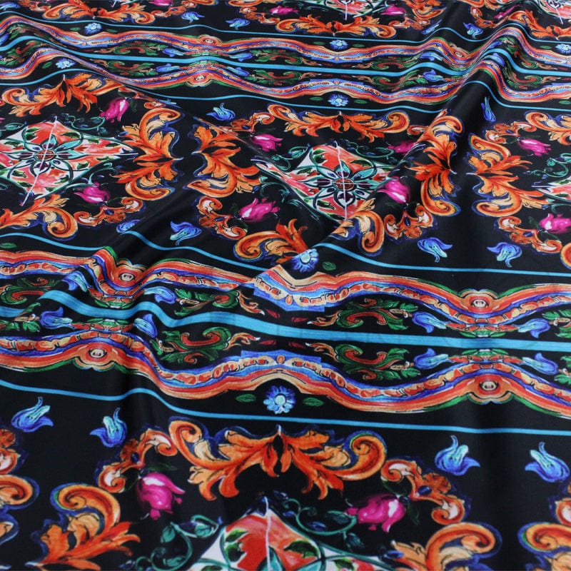PRINTED SATIN Fabric Orange/Black Printed Digital Duchess Satin Fabric 140cm (7157415542873)