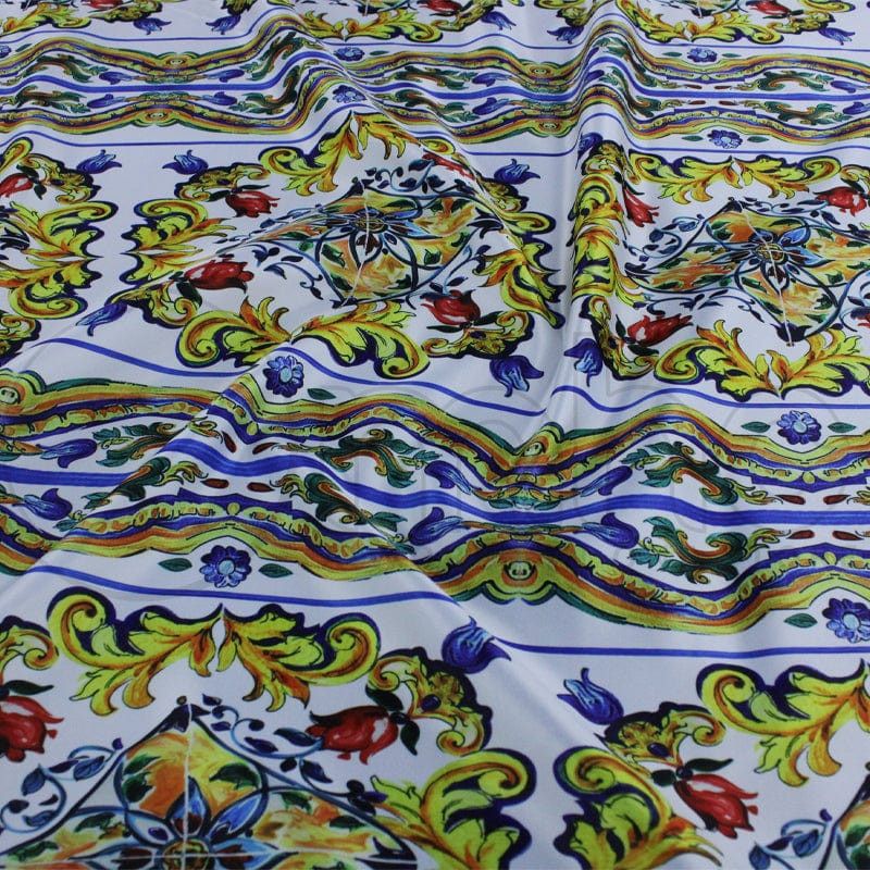 PRINTED SATIN Fabric White/Gold Printed Digital Duchess Satin Fabric 140cm (7157415542873)