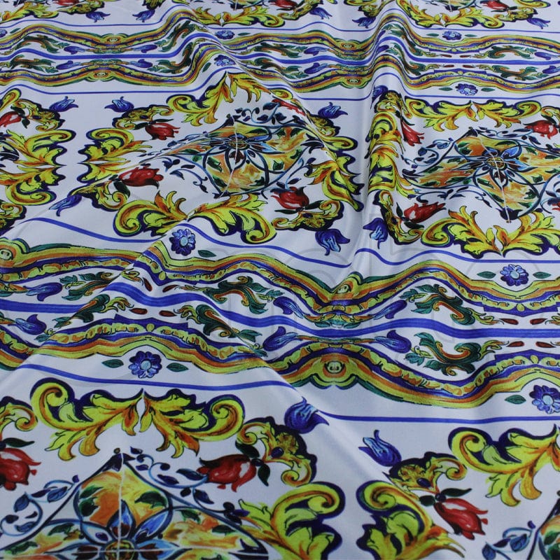 PRINTED SATIN Fabric White/Gold Printed Digital Duchess Satin Fabric 140cm (7157415542873)
