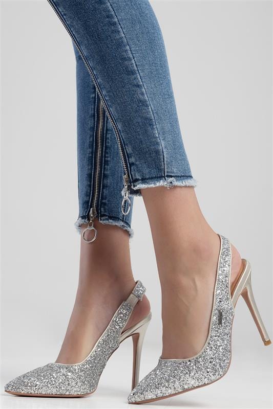 Sissy Boy Ladies Sandals Sissy Boy Glitter Sling Back Court Silver (7069044899929)