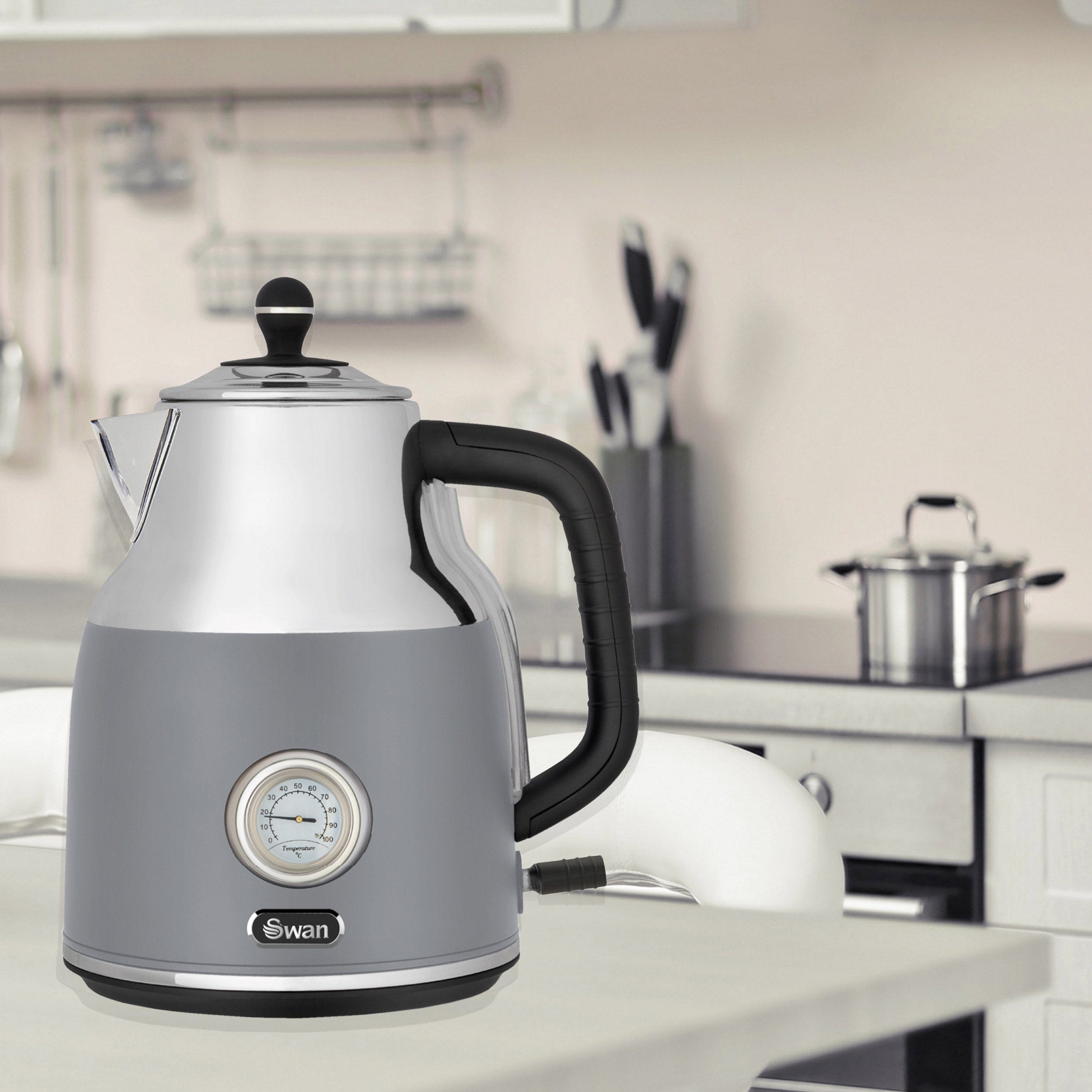 Swan TOASTER & KETTLE Swan 1,7 Litre Grey Cordless Kettle With Temperature Gauge SRK42G (7229348741209)