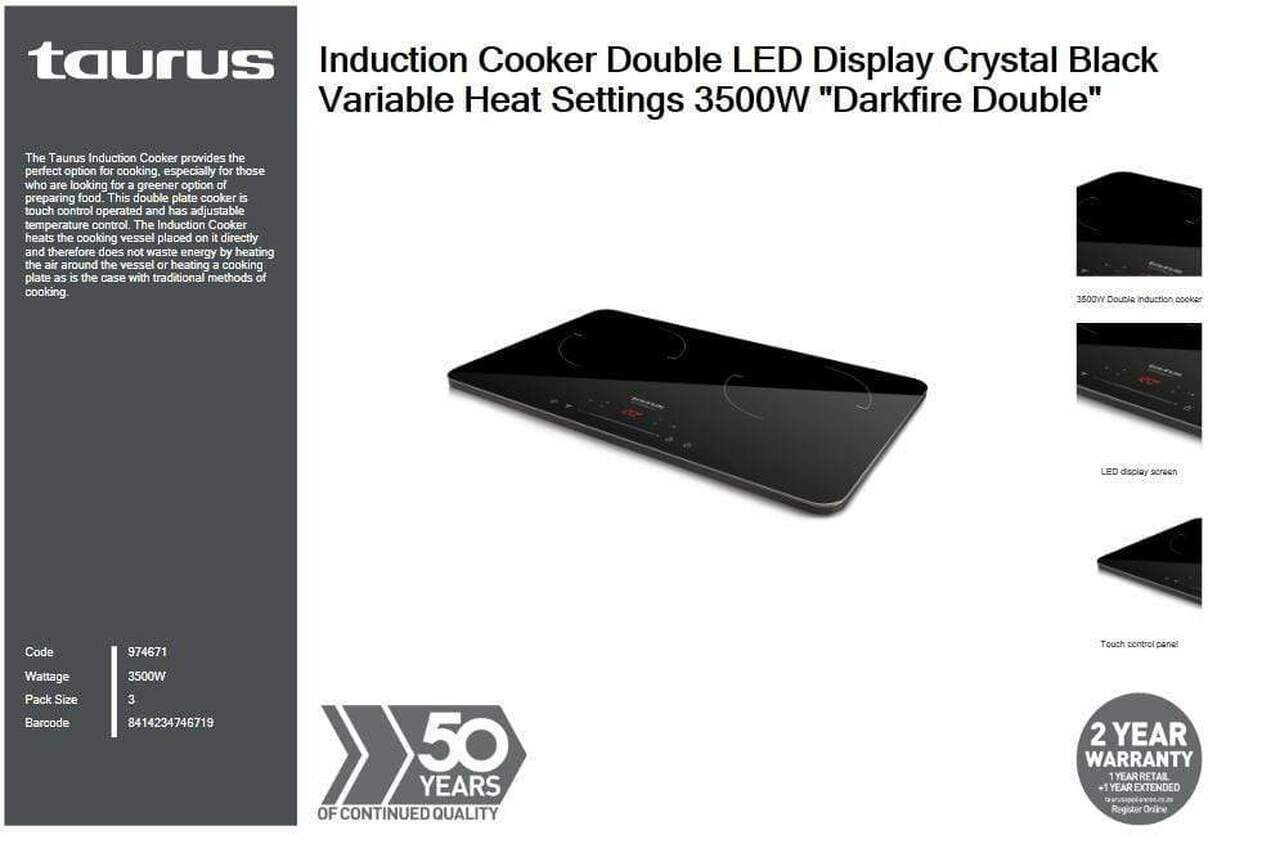 Taurus Induction Cooker Taurus Induction Cooker Double Led Display Crystal Black Variable Heat Settings 3500W "Darkfire (6806942941273)
