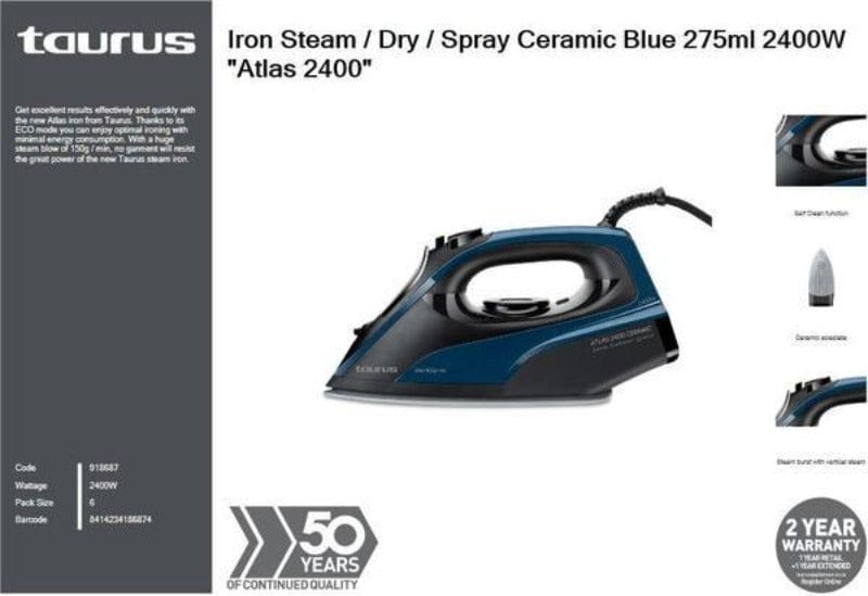 Taurus Iron Steam Taurus 2400W Iron Steam / Dry / Spray Ceramic Blue 275ml Atlas (6807088988249)