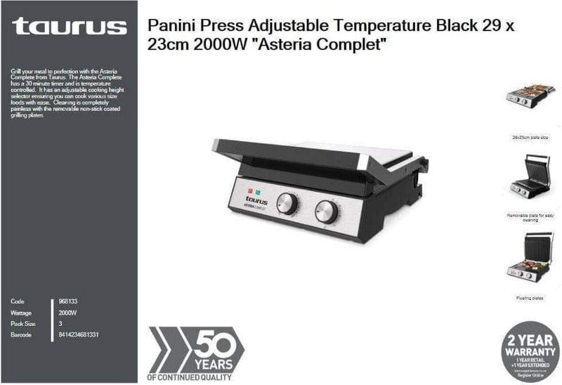 Taurus Press Taurus Panini Press Adjustable Temperature Black 29 X 23cm 2000W "Asteria Complet" (6806785097817)